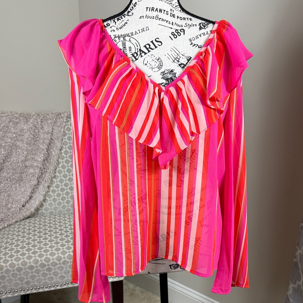 Pink and Red Striped Sheer Women's Top